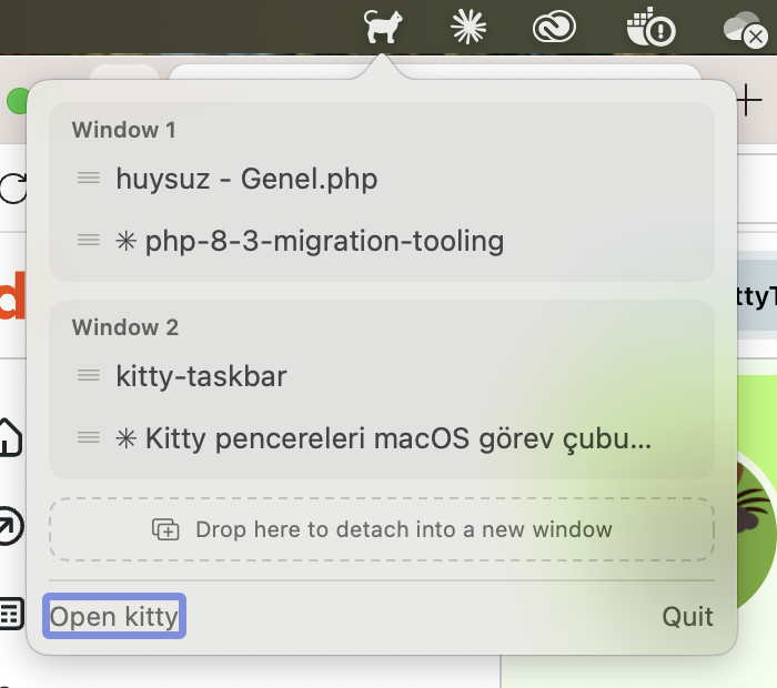 KittyTaskbar popover listing kitty windows and tabs, with a drop zone to detach a tab into a new window
