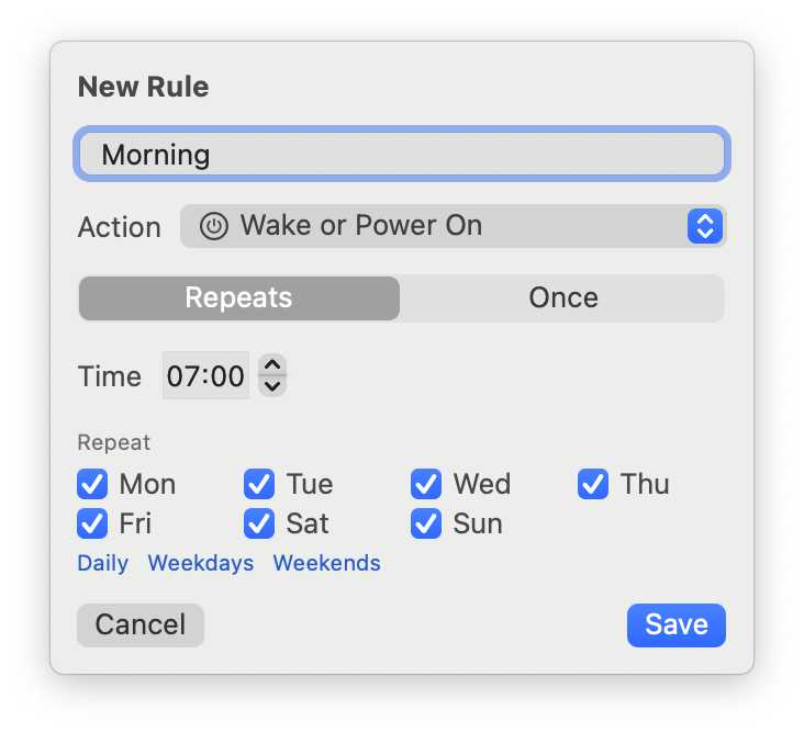 Rule editor set to Repeats, with checkboxes for each day of the week