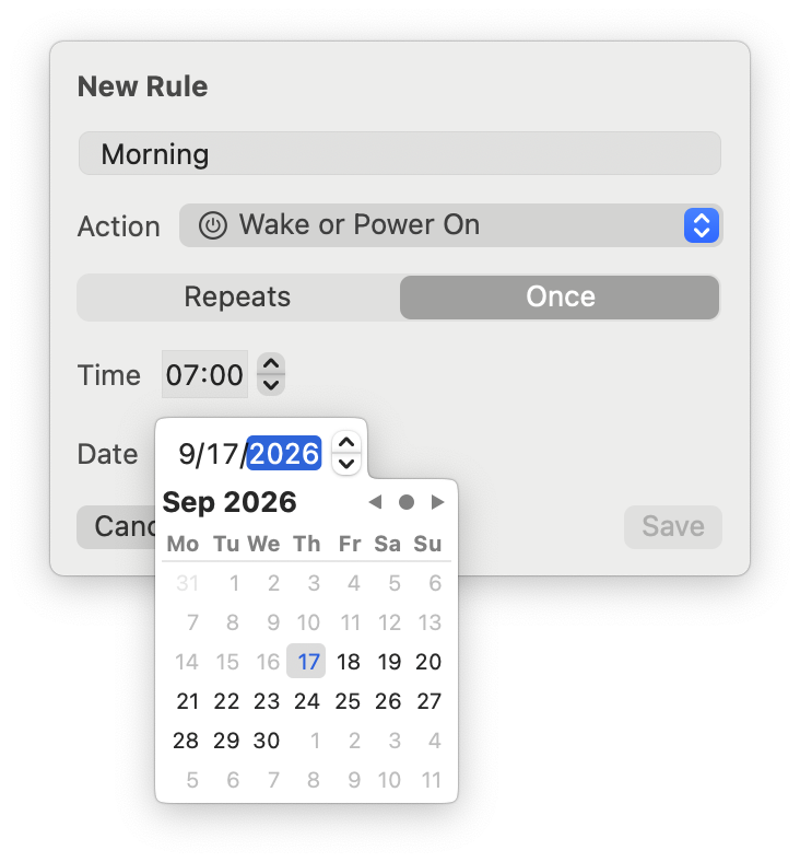 Rule editor set to Once, with a calendar picker open on a single date