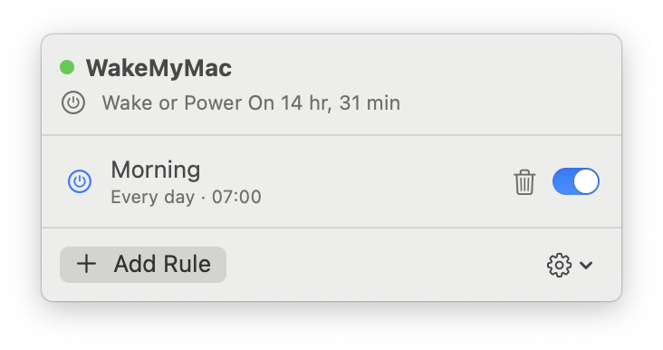 The menu bar panel listing a rule, with a live countdown to the next scheduled event